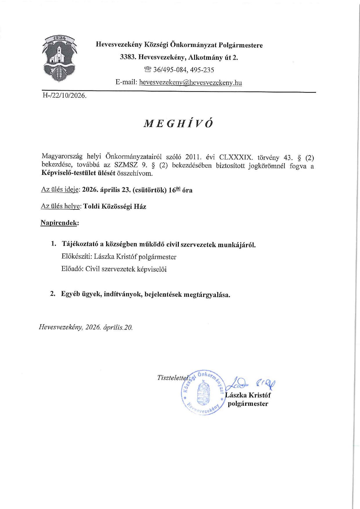 Meghívó 2026.04.23. Képviselő-testületi ülés